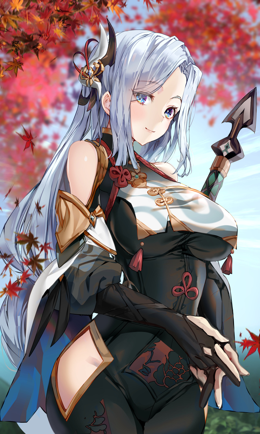 1girl a_(sofi3103) absurdres autumn_leaves bangs bare_shoulders black_bodysuit black_gloves blue_eyes blue_sky blush bodysuit breasts closed_mouth cowboy_shot day elbow_gloves eyebrows_visible_through_hair falling_leaves forehead genshin_impact gloves hair_ornament highres hip_vent large_breasts leaf long_hair long_sleeves looking_at_viewer maple_leaf outdoors own_hands_together parted_bangs partially_fingerless_gloves puffy_long_sleeves puffy_sleeves shenhe_(genshin_impact) silver_hair sky smile solo tassel very_long_hair