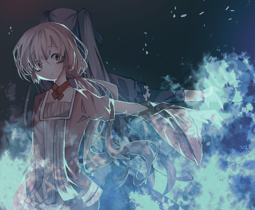 2girls absurdres back-to-back blue_dress blue_fire choker clockworker's_doll dress embers evillious_nendaiki fire flat_chest frilled_cuffs frilled_dress frills gavel hair_ribbon hammer hatsune_miku highres holding holding_hammer houtei_no_nushi irina_clockworker kanyoru long_hair looking_at_viewer master_of_the_court_(vocaloid) multiple_girls nekomura_iroha outstretched_arm pink_clothes pink_hair ponytail pyrokinesis ribbon song_name spoilers twintails very_long_hair vocaloid wide_sleeves