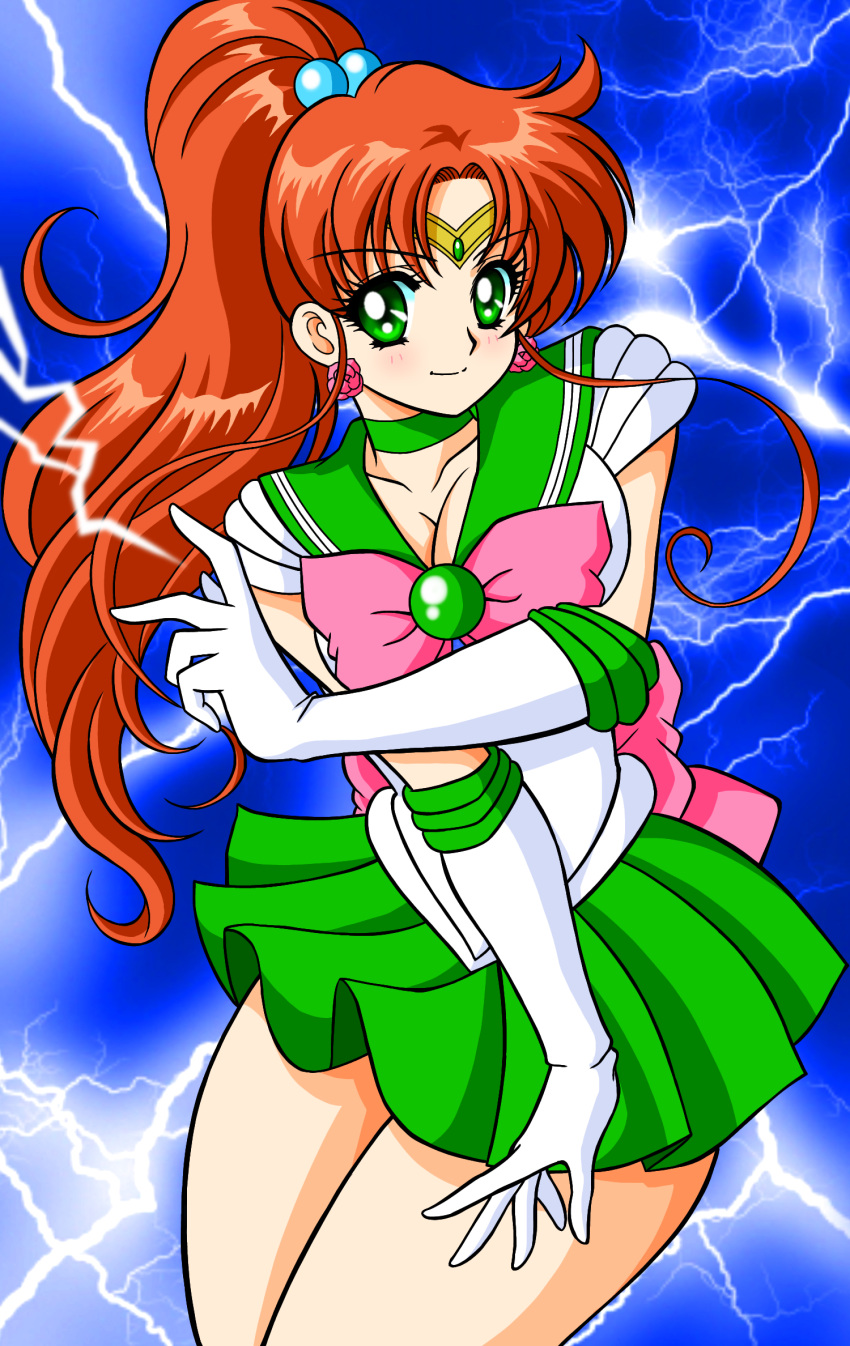 1girl back_bow bishoujo_senshi_sailor_moon bow brown_hair choker earrings elbow_gloves gloves green_eyes green_sailor_collar green_skirt hair_bobbles hair_ornament happy_birthday high_ponytail jewelry long_hair looking_at_viewer miniskirt nagaigoz pink_lips pink_neckwear pleated_skirt rose_earrings sailor_collar sailor_jupiter sailor_senshi_uniform shirt short_sleeves signature simple_background skirt solo white_gloves white_shirt