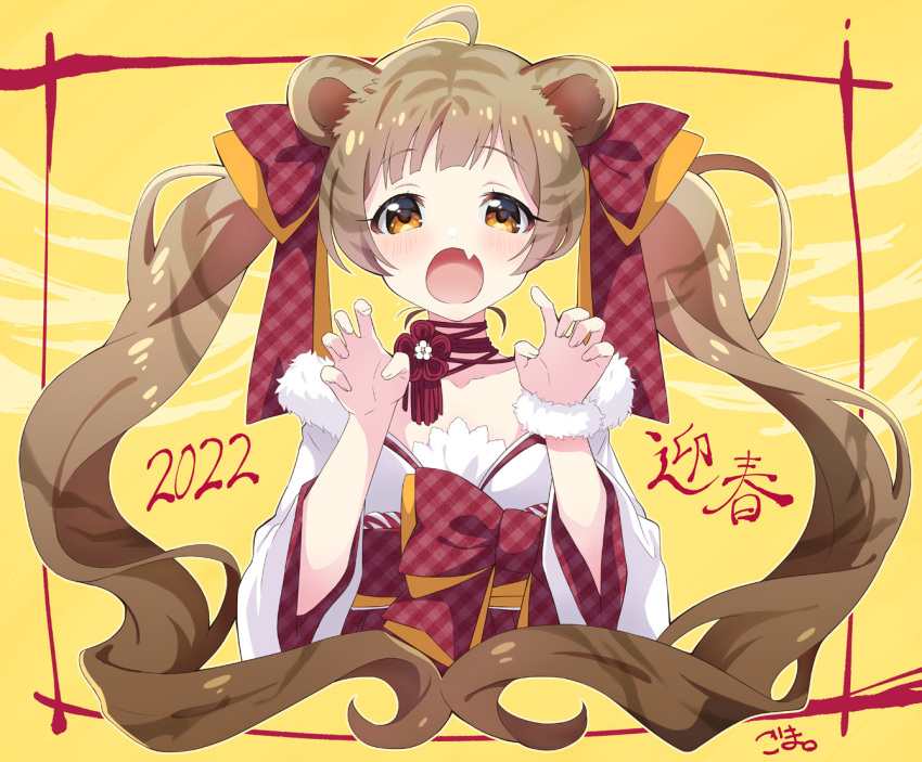 1girl 2022 :o ahoge animal_ears bow brown_hair cropped_torso eyebrows_visible_through_hair fang framed fur-trimmed_kimono fur_trim gao goma_konbu hair_bow hakozaki_serika idolmaster idolmaster_million_live! japanese_clothes kimono looking_at_viewer skin_fang solo twintails upper_body yellow_background