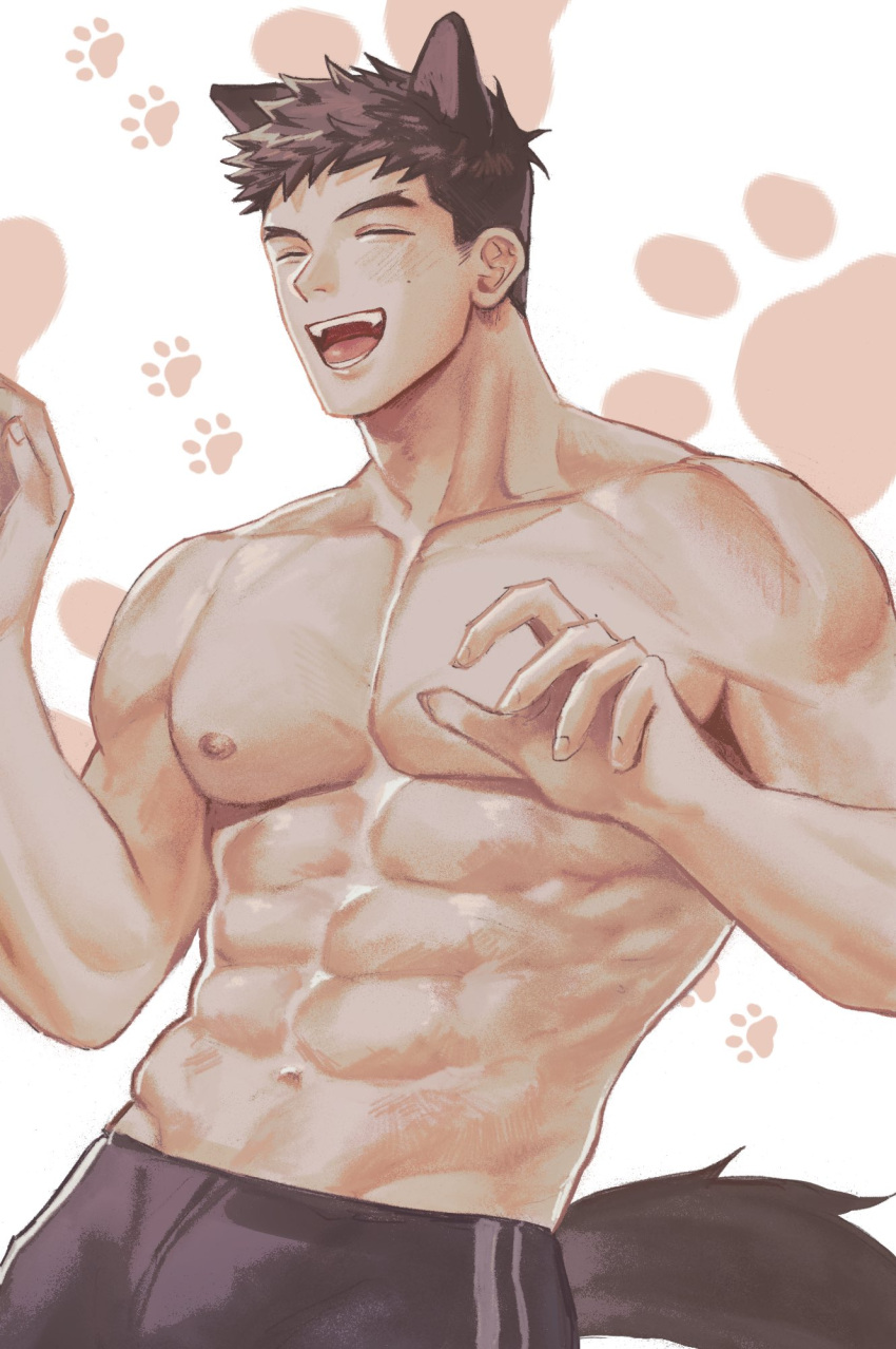 1boy abs animal_ears bare_pectorals brown_hair closed_eyes collarbone dog_boy dog_ears dog_tail grin groin hands_up highres light_blush male_focus mole_on_cheek muscular muscular_male navel nipples open_mouth original pangpang_0327 paw_print paw_print_background pectorals short_hair smile solo tail topless_male very_short_hair