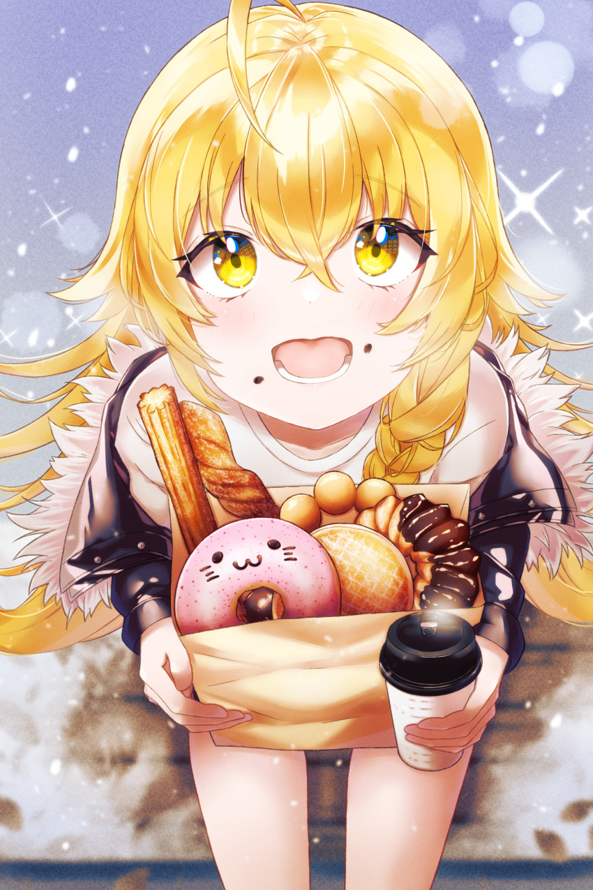 1girl :d absurdres ahoge alternate_costume blonde_hair blurry blush bokeh casual coffee cup depth_of_field doughnut food food_on_face from_above hair_between_eyes happy highres holding holding_cup kirisame_marisa long_hair looking_at_viewer no_hat no_headwear noritamaru off_shoulder open_mouth sitting smile solo sparkle teeth thighs touhou very_long_hair yellow_eyes