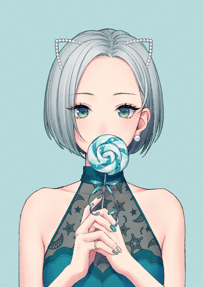 1girl animal_ears aqua_background aqua_nails aqua_ribbon bare_shoulders blue_dress candy cat_ears collarbone covered_mouth crescent_print daidai_jamu dress earrings food green_eyes grey_nails hair_ornament highres jewelry lollipop looking_at_viewer multicolored_nails nail_polish original own_hands_together ribbon snowflake_print solo swirl_lollipop