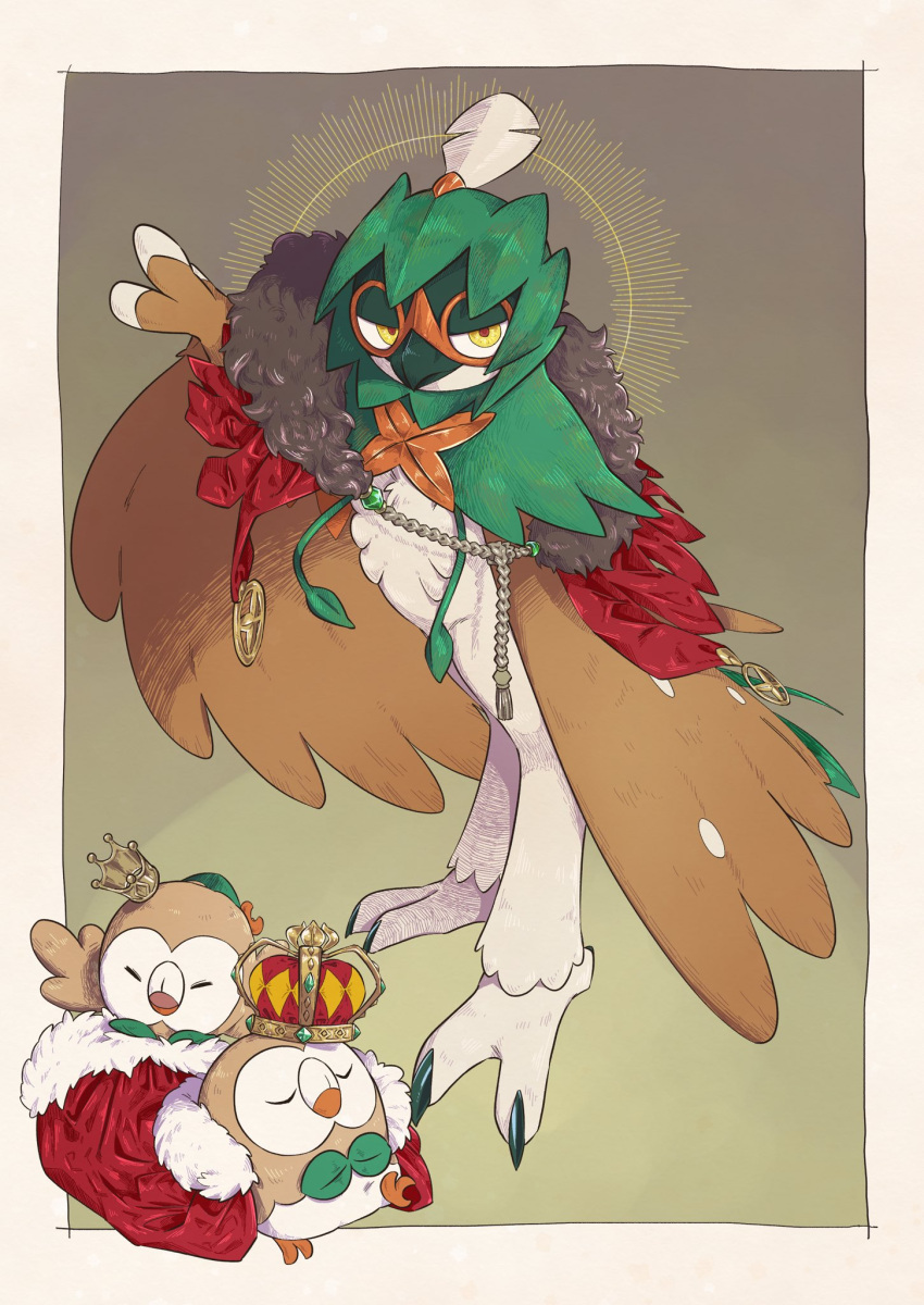 animal_focus beak bird cape closed_eyes closed_mouth commentary crown decidueye hatted_pokemon highres no_humans owl pkpokopoko3 pokemon pokemon_(creature) red_cape red_pupils rowlet standing talons yellow_eyes