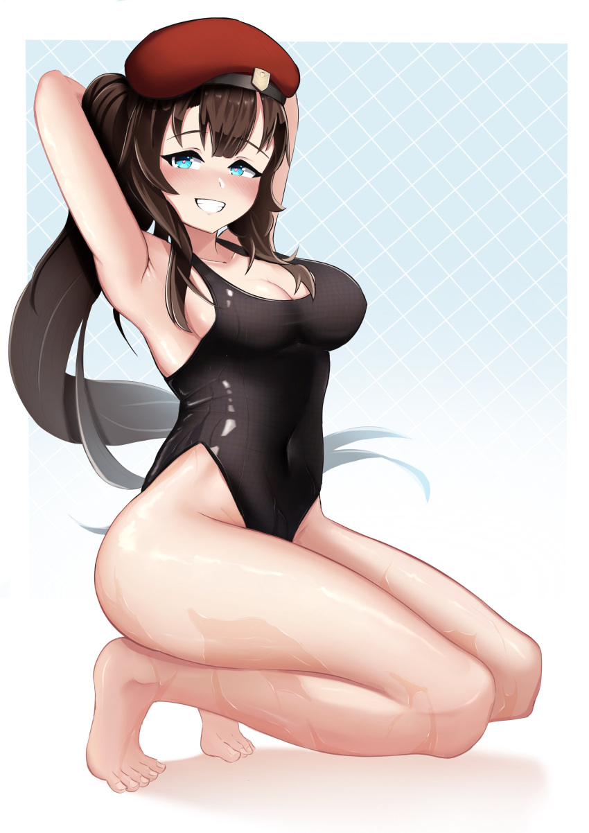 1girl absurdres armpits beret black_hair blue_eyes blush breasts female_commander_(girls'_frontline) girls_frontline hair_between_eyes hat highres large_breasts long_hair one-piece_swimsuit ponytail simple_background solo swimsuit thighs tiptoes very_long_hair yan_kodiac