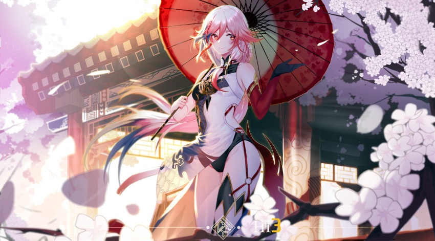 1girl absurdres architecture asymmetrical_gloves bangs brown_legwear cherry_blossoms china_dress chinese_clothes dress east_asian_architecture fu_hua fu_hua_(phoenix) gloves highres holding holding_umbrella honkai_(series) honkai_impact_3rd looking_at_viewer mismatched_gloves nonaginta_novem outdoors ponytail red_eyes red_gloves single_glove single_thighhigh sleeveless sleeveless_dress thigh-highs tree umbrella white_hair