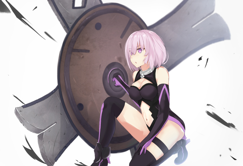 1girl armor bare_shoulders black_armor black_gloves breastplate closed_mouth clouds cloudy_sky commentary_request elbow_gloves eyebrows_visible_through_hair eyes_visible_through_hair fate/grand_order fate_(series) gloves grass hair_over_one_eye highres holding holding_shield holding_weapon light_purple_hair looking_at_viewer mash_kyrielight mountain nolt out_of_frame outdoors pov purple_eyes purple_gloves shield shielder_(fate/grand_order) short_hair two-tone_gloves weapon