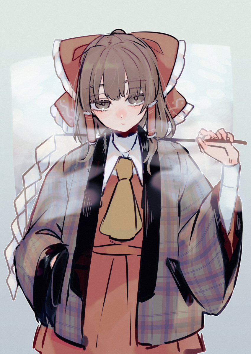 1girl absurdres arm_up ascot bangs blue_background blush bow brown_eyes brown_hair brown_jacket closed_mouth collar collared_dress dress eyebrows_visible_through_hair eyes_visible_through_hair frills gohei gradient gradient_background green_background hair_ornament hair_tubes hakurei_reimu hand_in_pocket hand_up highres jacket katai_(nekoneko0720) long_sleeves looking_at_viewer multicolored_background open_clothes open_jacket pink_jacket plaid plaid_jacket purple_jacket red_bow red_dress short_hair solo steam touhou wide_sleeves yellow_ascot