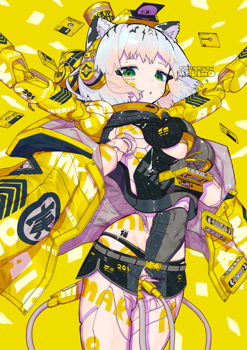 1girl absurdres android animal_ears bangs black_hair commission covered_navel cowboy_shot green_eyes highres looking_at_viewer medium_hair multicolored_hair muzinneki original solo thank_you tiger_ears two-tone_hair white_hair yellow_background yellow_theme