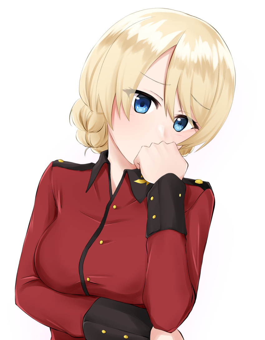 1girl bangs blonde_hair blue_eyes blush braid commentary covering_mouth darjeeling_(girls_und_panzer) eyebrows_visible_through_hair girls_und_panzer hand_to_own_mouth head_tilt high_(okina) highres jacket long_sleeves looking_at_viewer military military_uniform red_jacket short_hair simple_background solo st._gloriana's_military_uniform tied_hair twin_braids uniform upper_body white_background