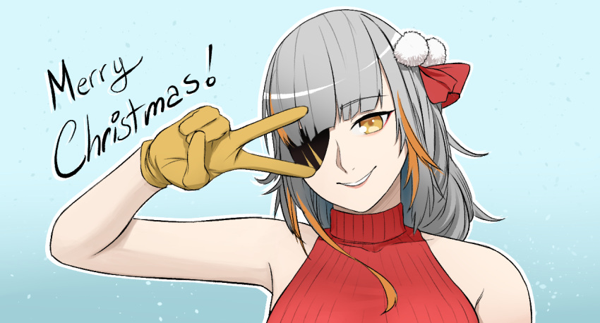 1girl bangs black_eyepatch christmas darkpulsegg eyebrows_visible_through_hair eyepatch girls_frontline gloves grey_hair hair_ribbon light_blue_background light_brown_eyes lips long_hair looking_at_viewer m16a1_(boss)_(girls'_frontline) m16a1_(girls'_frontline) merry_christmas multicolored_hair red_sweater_vest ribbon smile solo sweater_vest teeth upper_body v yellow_gloves