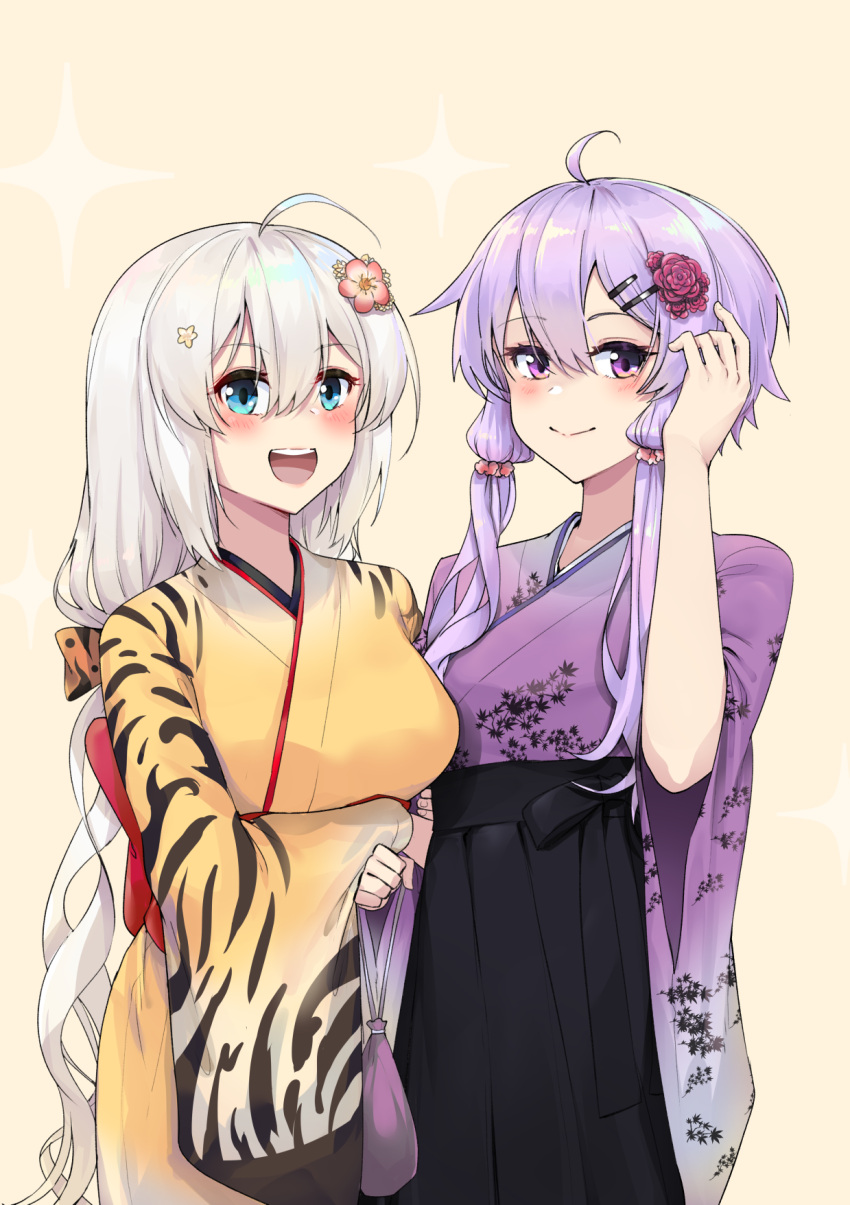2girls ahoge animal_print black_skirt blue_eyes blush breasts cherry_blossoms commentary flat_chest flower hair_flower hair_ornament hairclip hand_in_hair hand_up high-waist_skirt highres holding holding_another's_arm japanese_clothes kimono kinchaku kizuna_akari medium_breasts multiple_girls open_clothes open_mouth orange_kimono platinum_blonde_hair pouch purple_hair purple_kimono red_flower short_hair_with_long_locks sidelocks skirt smile star_(symbol) star_hair_ornament tiger_print tiger_stripes upper_body violet_eyes vocaloid voiceroid wide_sleeves yuzuki_yukari zooanime