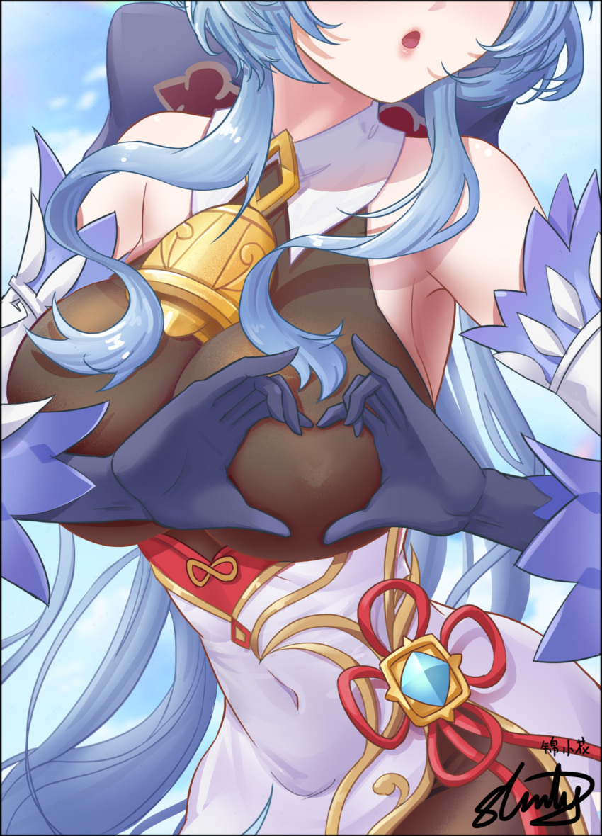 1girl armpits artist_name bare_shoulders bell blue_gloves blue_hair bow breast_focus breasts chinese_knot close-up covered_navel detached_sleeves flower_knot ganyu_(genshin_impact) genshin_impact gloves gold_trim head_out_of_frame heart heart-shaped_boob_challenge heart_hands highres large_breasts long_hair neck_bell open_mouth red_rope rope sideboob sidelocks slinly solo upper_body vision_(genshin_impact) white_sleeves