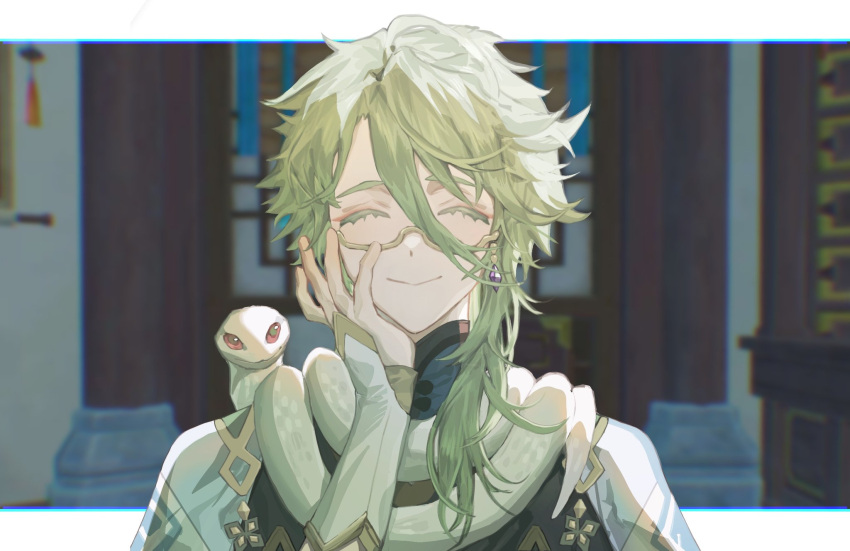1boy animal baizhu_(genshin_impact) bangs blurry blurry_background closed_eyes earrings fingerless_gloves genshin_impact glasses gloves green_hair hair_between_eyes hand_on_own_cheek hand_on_own_face highres jewelry long_hair looking_at_viewer persimmon_(lsxh3) red_eyes single_earring smile snake upper_body white_gloves white_snake yellow-framed_eyewear