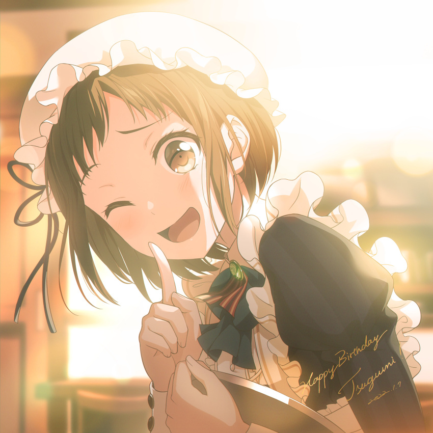 1girl 2022 ;d absurdres bang_dream! bow brown_eyes brown_hair green_bow happy_birthday hazawa_tsugumi highres maid maid_headdress nobusawa_osamu one_eye_closed open_mouth short_hair smile upper_body