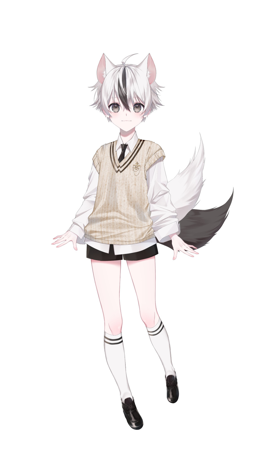 1boy absurdres ahoge amo_(streamer) animal_ear_fluff animal_ears animated black_hair collared_shirt fox_boy fox_ears full_body grey_eyes hair_between_eyes highres indie_virtual_youtuber kneehighs live2d loafers multicolored_hair multiple_tails necktie shirt shoes short_shorts shorts silver_hair smile solo sweater_vest tachi-e tail two-tone_hair two_tails virtual_youtuber white_legwear white_shirt