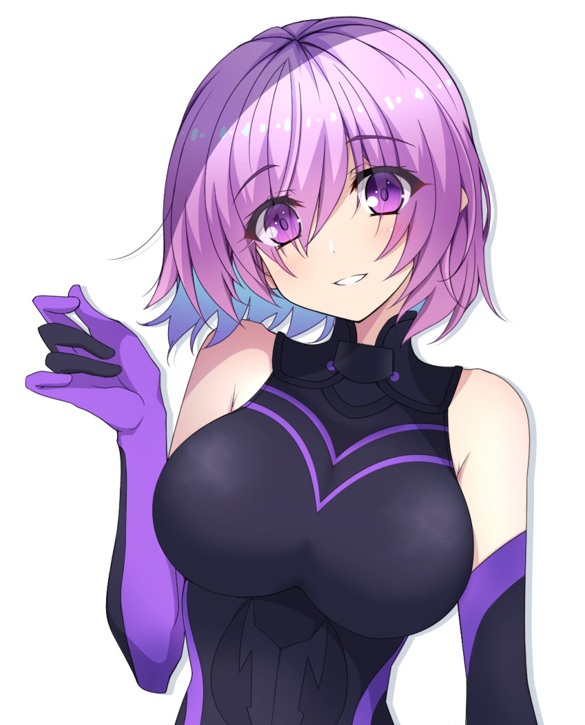 1girl armor bare_shoulders black_armor black_gloves breastplate closed_mouth clouds cloudy_sky commentary_request elbow_gloves eyebrows_visible_through_hair eyes_visible_through_hair fate/grand_order fate_(series) gloves grass hair_over_one_eye highres holding holding_shield holding_weapon light_purple_hair looking_at_viewer mash_kyrielight mountain out_of_frame outdoors pov purple_gloves shield shielder_(fate/grand_order) short_hair sky smile tokia86779851 two-tone_gloves violet_eyes weapon