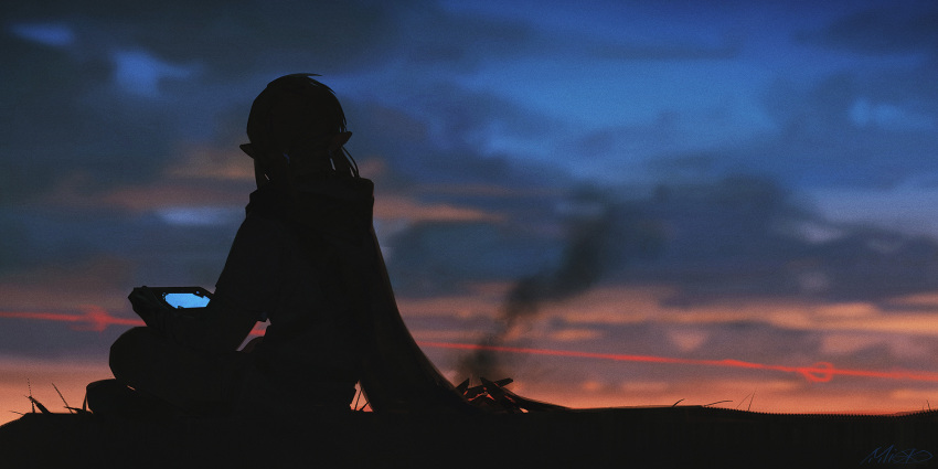 1boy alzi_xiaomi blue_sky campfire cape clouds cloudy_sky dark facing_away from_side highres holding hood hood_down hooded_cape link long_sleeves medium_hair outdoors pants pointy_ears ponytail red_sky sheikah_slate sitting sky solo sunset the_legend_of_zelda the_legend_of_zelda:_breath_of_the_wild