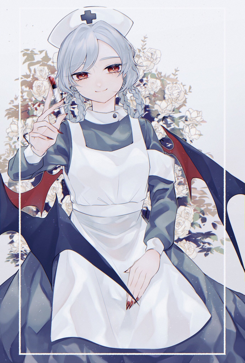 1girl alternate_hairstyle apron arm_up bangs bat_wings blood braid breasts closed_mouth cross dress eyebrows_visible_through_hair eyes_visible_through_hair fingernails floral_background flower grey_background grey_dress hand_up hat highres katai_(nekoneko0720) leaf long_fingernails long_sleeves looking_to_the_side medium_breasts puffy_long_sleeves puffy_sleeves red_eyes red_nails remilia_scarlet rose short_hair smile solo touhou twin_braids white_apron white_flower white_headwear white_rose wings