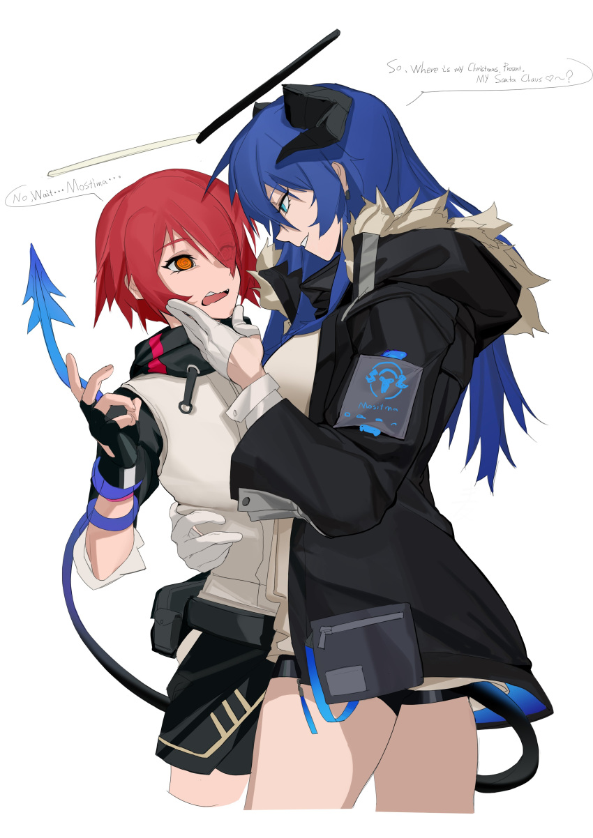 2girls absurdres arknights bangs baozhi belt black_coat black_gloves blue_eyes blue_hair coat cropped_legs english_commentary english_text exusiai_(arknights) eye_contact eyes_visible_through_hair fingerless_gloves fur-trimmed_coat fur_trim gloves hair_over_one_eye half_gloves halo hand_on_another's_face highres horns hug long_hair looking_at_another mostima_(arknights) multiple_girls open_mouth orange_eyes redhead short_hair sidelocks simple_background smile speech_bubble tail tail_around_arm tail_wrap teeth turtleneck utility_belt wavy_mouth white_background white_gloves yuri