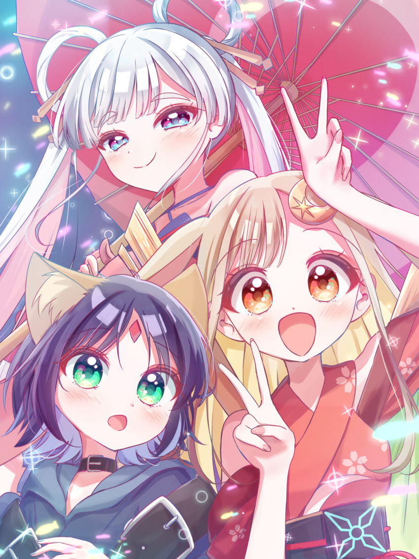 3girls absurdres animal_ears black_choker blonde_hair blue_eyes blue_hair blush brown_eyes cho_kaguya-hime! choker closed_mouth clothing_cutout colored_inner_hair commentary_request crescent crescent_hair_ornament double_v fox_ears fox_girl green_eyes hair_ornament hair_rings hair_stick haruiroha highres holding holding_umbrella japanese_clothes kaguya_(cho_kaguya-hime!) kimono long_hair multicolored_hair multiple_girls oil-paper_umbrella open_mouth pink_hair rabbit_ears rabbit_girl red_kimono red_umbrella runami_yachiyo sakayori_iroha short_hair shoulder_cutout twintails umbrella v white_hair