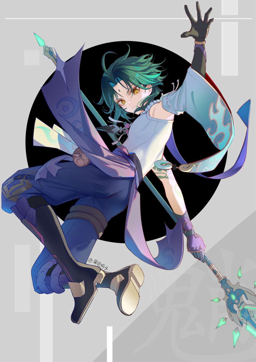 1boy ahoge arm_tattoo asymmetrical_clothes bangs bead_necklace beads black_hair commentary detached_sleeves diamond-shaped_pupils diamond_(shape) dynamic_pose eyeshadow facial_mark forehead_mark genshin_impact gloves green_gloves green_hair highres holding holding_polearm holding_weapon jewelry long_hair looking_at_viewer makeup multicolored_hair necklace parted_bangs polearm red_eyeshadow short_hair short_hair_with_long_locks sidelocks single_detached_sleeve solo spear symbol-shaped_pupils tassel tattoo toned toned_male two-tone_hair vanink weapon wide_sleeves xiao_(genshin_impact) yellow_eyes