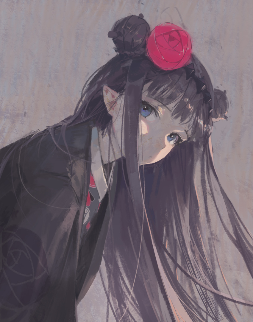 1girl absurdres black_jacket black_kimono blue_eyes dino_(dinoartforame) double_bun flower grey_background hair_flower hair_ornament highres hololive hololive_english jacket japanese_clothes kimono leaning_forward long_hair looking_up ninomae_ina'nis official_alternate_costume pink_flower pointy_ears purple_hair solo virtual_youtuber