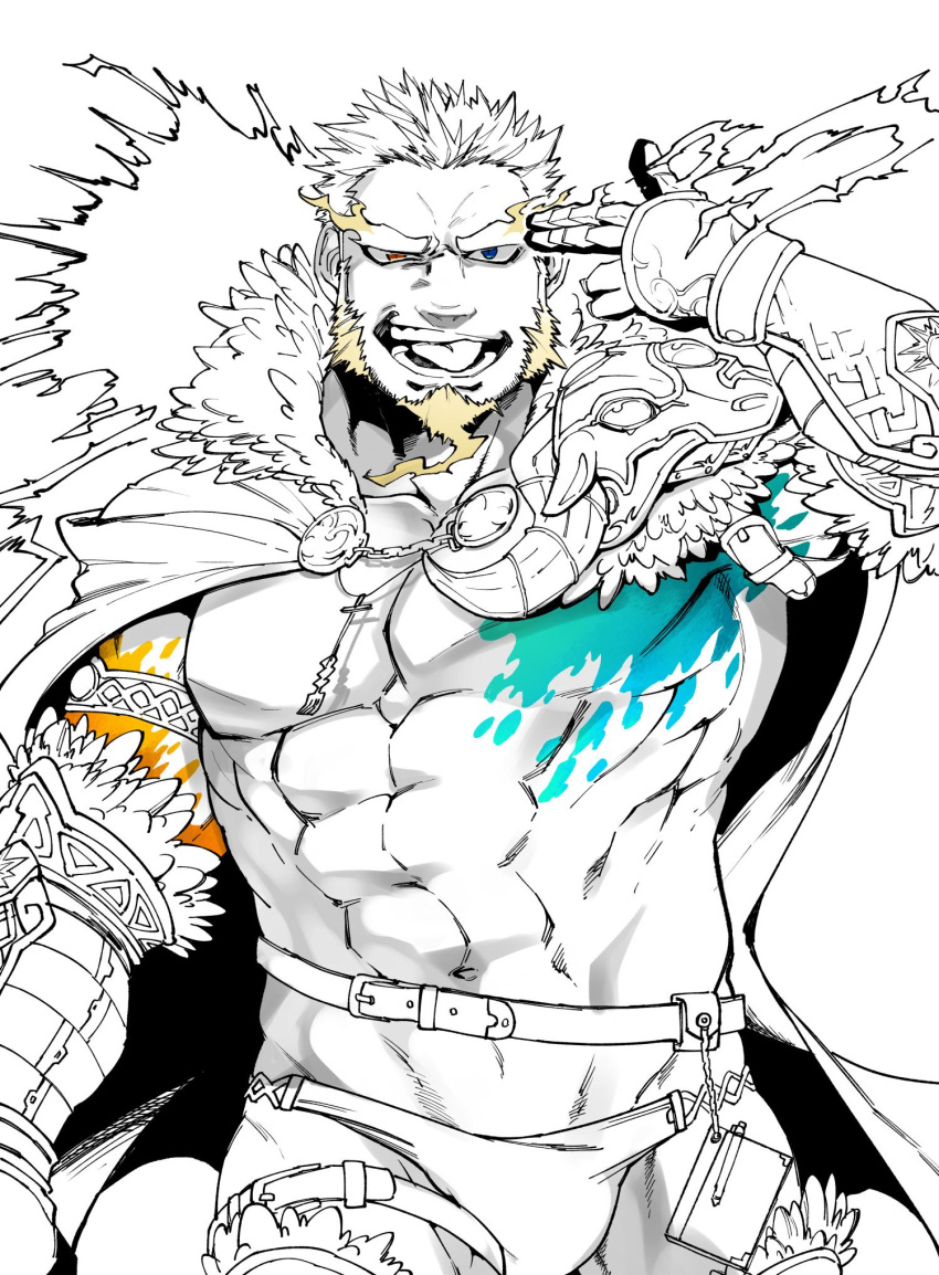 1boy abs armlet bare_pectorals belt briefs cape facial_hair finger_gun finger_gun_to_head gauntlets goatee grin groin heterochromia highres kan_(pyy_c12) large_pectorals lineart long_sideburns looking_at_viewer male_focus male_underwear mature_male muscular muscular_male navel pectorals perun_(housamo) short_hair sideburns smile solo spot_color thick_eyebrows thigh_strap tokyo_afterschool_summoners tongue tongue_out topless_male underwear very_short_hair