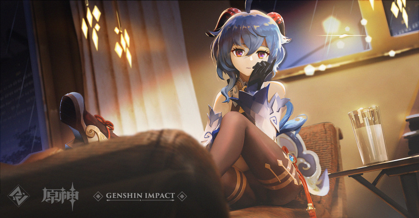 bangs bare_shoulders black_gloves black_legwear blue_hair chinese_knot detached_sleeves flower_knot ganyu_(genshin_impact) genshin_impact glass gloves gold_trim head_rest high_heels highres horns indoors knee_up long_hair looking_at_viewer multicolored_eyes pantyhose pdy red_rope rope sidelocks sitting solo thighlet vision_(genshin_impact) white_sleeves