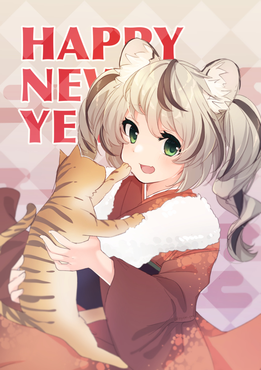 1girl :d animal animal_ear_fluff animal_ears background_text bangs black_hair brown_kimono cat chinese_zodiac commentary_request egasumi eyebrows_visible_through_hair fang green_eyes grey_hair happy_new_year highres holding holding_animal japanese_clothes kimono long_hair long_sleeves looking_at_viewer multicolored_hair new_year nishi_(nyon_prn) obi original sash smile solo streaked_hair tiger_ears twintails wide_sleeves year_of_the_tiger