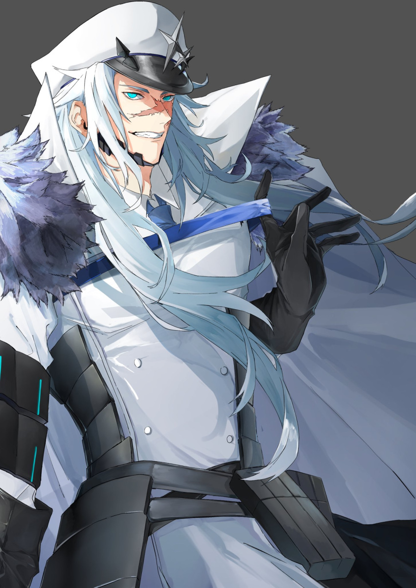 1boy alchemy_stars au_ko barton_(alchemy_stars) belt black_headwear blue_eyes blue_necktie cape chest_strap coat collared_shirt floating_cape fur-trimmed_cape fur_trim gloves hand_up hat high_collar highres long_hair male_focus muscular muscular_male necktie pectorals scar scar_across_eye scar_on_face scar_on_nose sharp_teeth shirt simple_background smile solo strap_pull teeth very_long_hair white_hair white_shirt