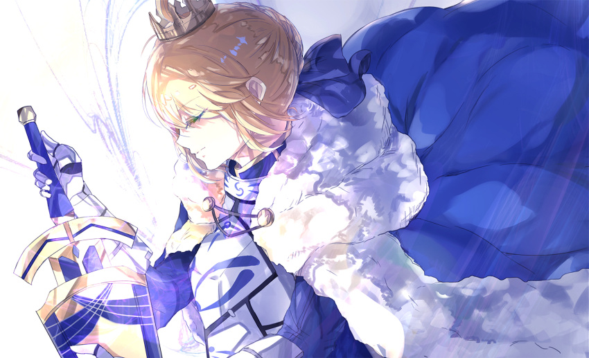 1girl ahoge artoria_pendragon_(all) artoria_pendragon_(fate) blonde_hair blue_ribbon breasts cleavage_cutout clothing_cutout excalibur_(fate/stay_night) fate/grand_order fate/stay_night fate_(series) green_eyes hair_bun hair_ribbon holding holding_weapon juliet_sleeves long_sleeves medium_breasts puffy_sleeves ribbon saber solo sword tomasupso2 weapon