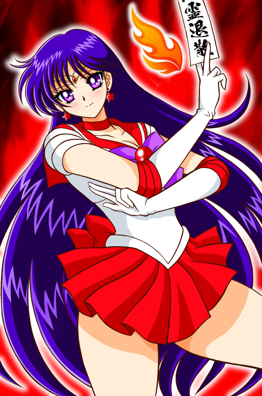 1girl :d arm_behind_back bangs bare_legs bishoujo_senshi_sailor_moon choker collarbone commentary cowboy_shot earrings elbow_gloves eyebrows_visible_through_hair eyelashes fire forehead frilled_skirt frills gloves hand_up highres hino_rei holding_charm jewelry leotard long_hair looking_at_viewer magical_girl nagaigoz open_mouth purple_eyes purple_hair red_choker red_skirt sailor_mars sailor_senshi_uniform short_sleeves skirt smile solo standing star_(symbol) star_earrings thighs tiara tongue white_gloves white_leotard