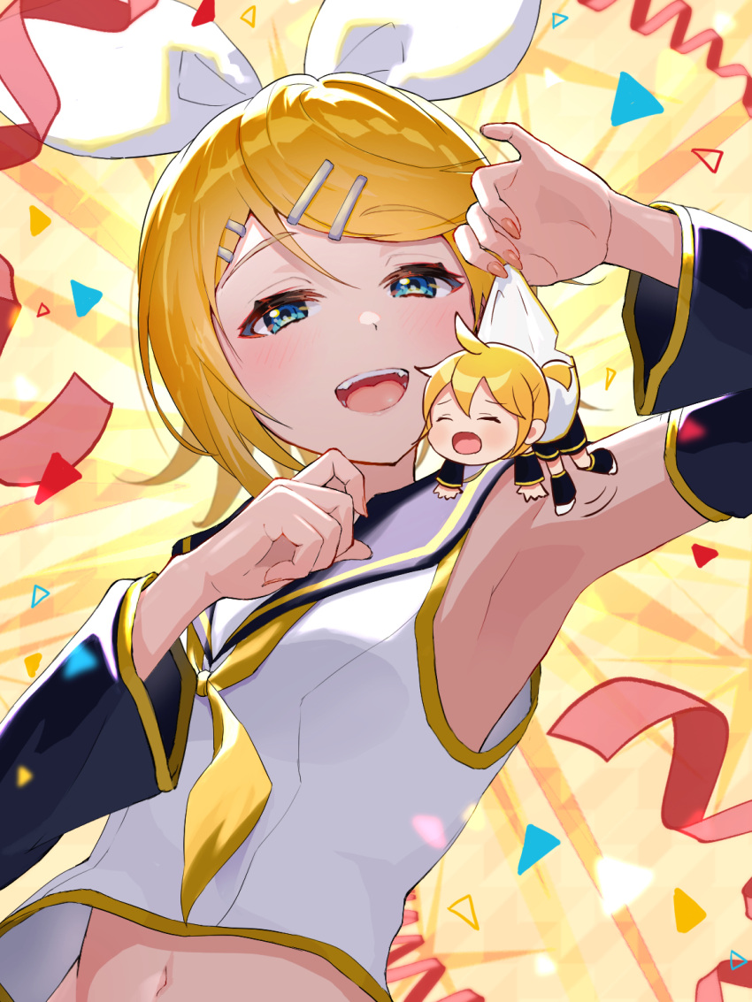 1boy 1girl anniversary arm_warmers armpits bangs black_collar black_legwear black_shorts black_sleeves blonde_hair blue_eyes bow closed_eyes collar collared_shirt commentary confetti crop_top cropped_shirt hair_bow hair_ornament hairclip half-closed_eyes hand_up highres holding_person kagamine_len kagamine_rin kurohanesawa leg_warmers midriff miniboy navel neckerchief open_mouth sailor_collar shirt short_hair shorts sleeveless sleeveless_shirt smile spiky_hair streamers swept_bangs upper_body vocaloid white_bow white_shirt yellow_background yellow_neckerchief