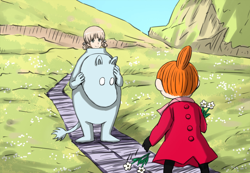 2girls aki_(girls_und_panzer) bangs black_gloves blue_sky coat commentary day flower girls_und_panzer gloves grass green_eyes hair_bun hair_tie highres holding holding_flower light_brown_hair little_my looking_at_another low_twintails mascot_costume moomin moomintroll motion_lines mountain multiple_girls omachi_(slabco) open_mouth outdoors path pink_scarf red_coat redhead scarf short_hair short_twintails sky smile twintails