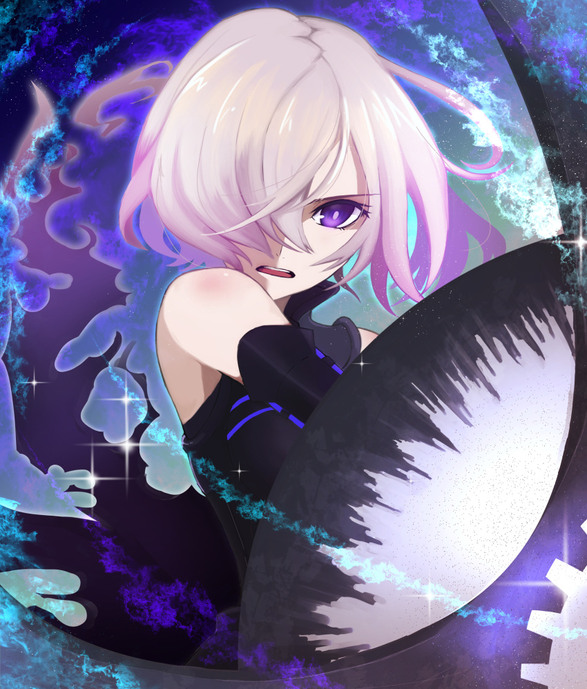1girl armor bare_shoulders black_armor black_gloves breastplate closed_mouth clouds cloudy_sky commentary_request elbow_gloves eyebrows_visible_through_hair eyes_visible_through_hair fate/grand_order fate_(series) gloves grass hair_over_one_eye highres holding holding_shield holding_weapon light_purple_hair looking_at_viewer mash_kyrielight mountain out_of_frame outdoors pov purple_gloves shield shielder_(fate/grand_order) short_hair siraumeayaya sky smile two-tone_gloves violet_eyes weapon