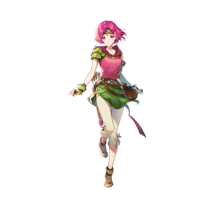 1girl absurdres armor arrow_(projectile) asymmetrical_gloves bangs belt belt_pouch breasts capri_pants closed_mouth collarbone commentary_request elbow_gloves fingerless_gloves fire_emblem fire_emblem:_the_sacred_stones fire_emblem_heroes full_body gloves hagiya_kaoru headband highres hood hood_down lips looking_at_viewer medium_breasts neimi_(fire_emblem) official_art pants parted_bangs pink_eyes pink_hair pouch quiver shiny shiny_hair shoes short_hair shoulder_armor simple_background smile solo white_background