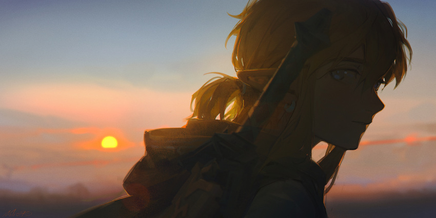 1boy alzi_xiaomi bangs blonde_hair cape earrings highres hood hood_down hooded_cape jewelry link long_hair looking_at_viewer male_focus master_sword outdoors pointy_ears portrait signature smile solo sunset sword the_legend_of_zelda the_legend_of_zelda:_breath_of_the_wild weapon