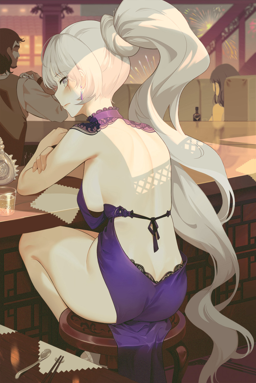 1girl alternate_costume ass back bare_back blue_eyes blush breasts closed_mouth counter cup detached_collar dress elbow_rest fireworks from_behind handkerchief highres long_hair looking_at_viewer looking_back medium_breasts people ponytail profile purple_dress reward_available rwby scar scar_across_eye sideboob sitting solo_focus stool thighs utensil very_long_hair wangxiii weiss_schnee white_hair