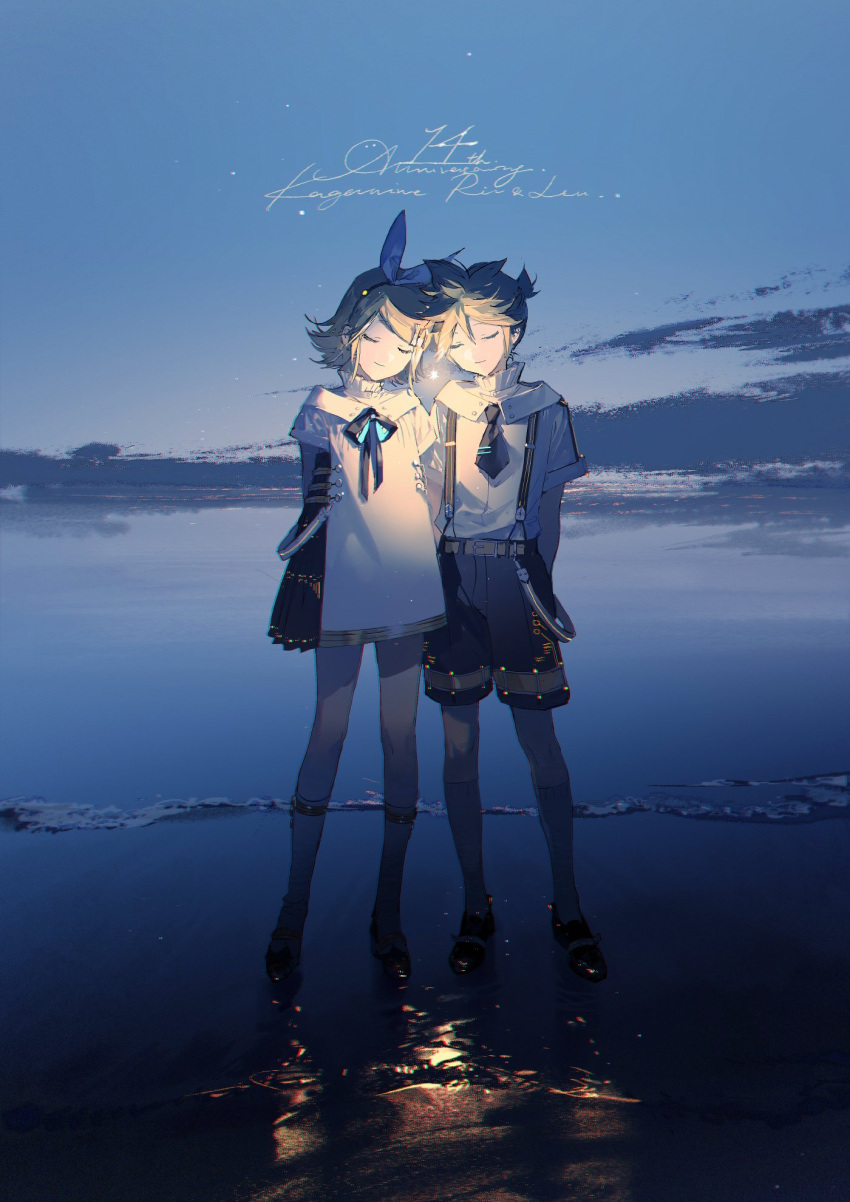 1boy 1girl anniversary arms_behind_back bangs beach belt black_necktie black_ribbon black_shorts blonde_hair bow character_name closed_eyes clouds commentary dress forehead-to-forehead full_body glowing hair_bow hair_ornament hairclip heads_together highres kagamine_len kagamine_rin kneehighs light_smile necktie outdoors rella ribbon shirt short_hair short_ponytail short_sleeves shorts side-by-side spiky_hair standing star_(sky) sunrise suspender_shorts suspenders swept_bangs symbol-only_commentary vocaloid white_bow white_dress white_shirt