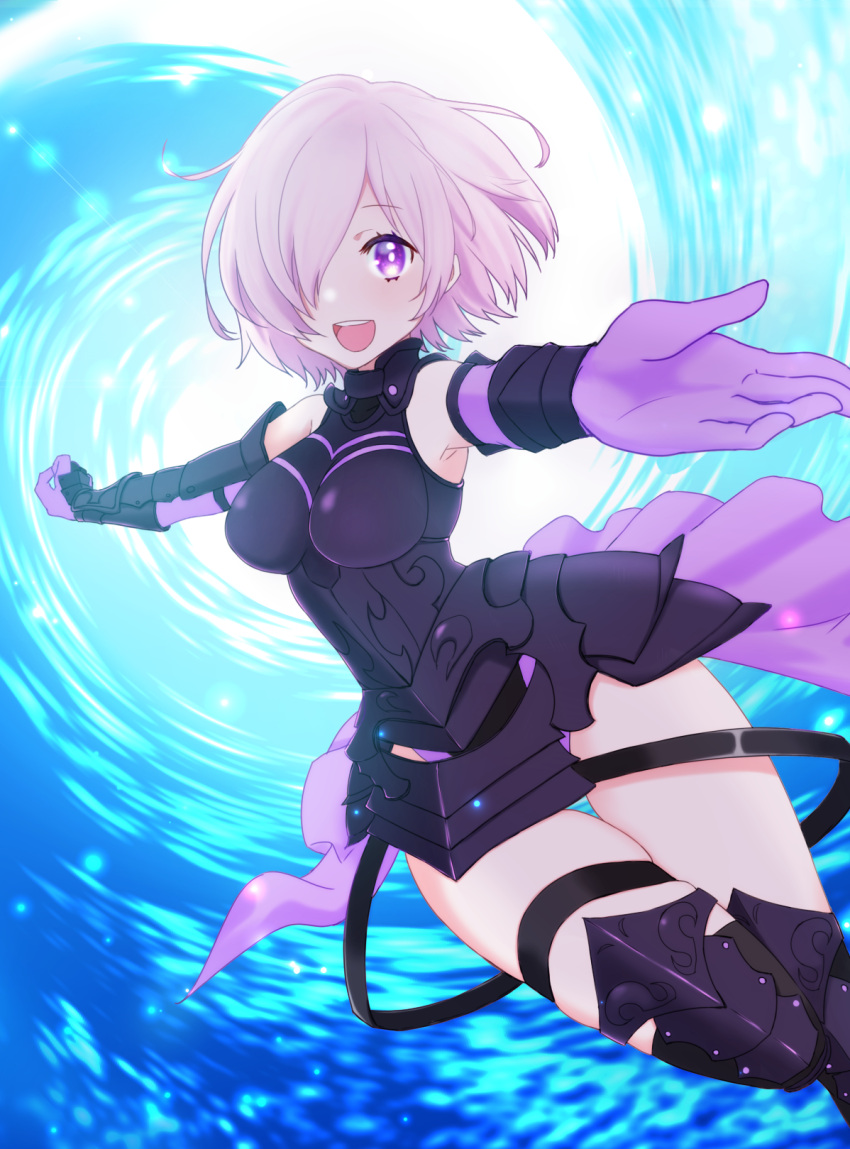 1girl armor bare_shoulders black_armor black_gloves breastplate closed_mouth clouds cloudy_sky commentary_request elbow_gloves eyebrows_visible_through_hair eyes_visible_through_hair fate/grand_order fate_(series) gloves grass hair_over_one_eye highres holding holding_shield holding_weapon light_purple_hair looking_at_viewer mash_kyrielight mountain out_of_frame outdoors pov purple_gloves shield shielder_(fate/grand_order) short_hair siraumeayaya sky smile two-tone_gloves violet_eyes weapon