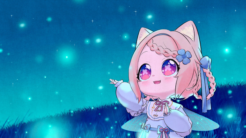 1girl :3 :d a_xuan233 absurdres amai_hiyo animal_ears blonde_hair blush bow braid cat_ears cat_girl cat_tail child commentary eyebrows fangs fireflies flower forehead french_braid glowing grass hair_flower hair_ornament hand_up highres indie_virtual_youtuber long_sleeves looking_up night open_mouth outdoors puffy_long_sleeves puffy_sleeves red_eyes short_hair sidelocks smile solo symbol-shaped_pupils tail upper_body virtual_youtuber wings