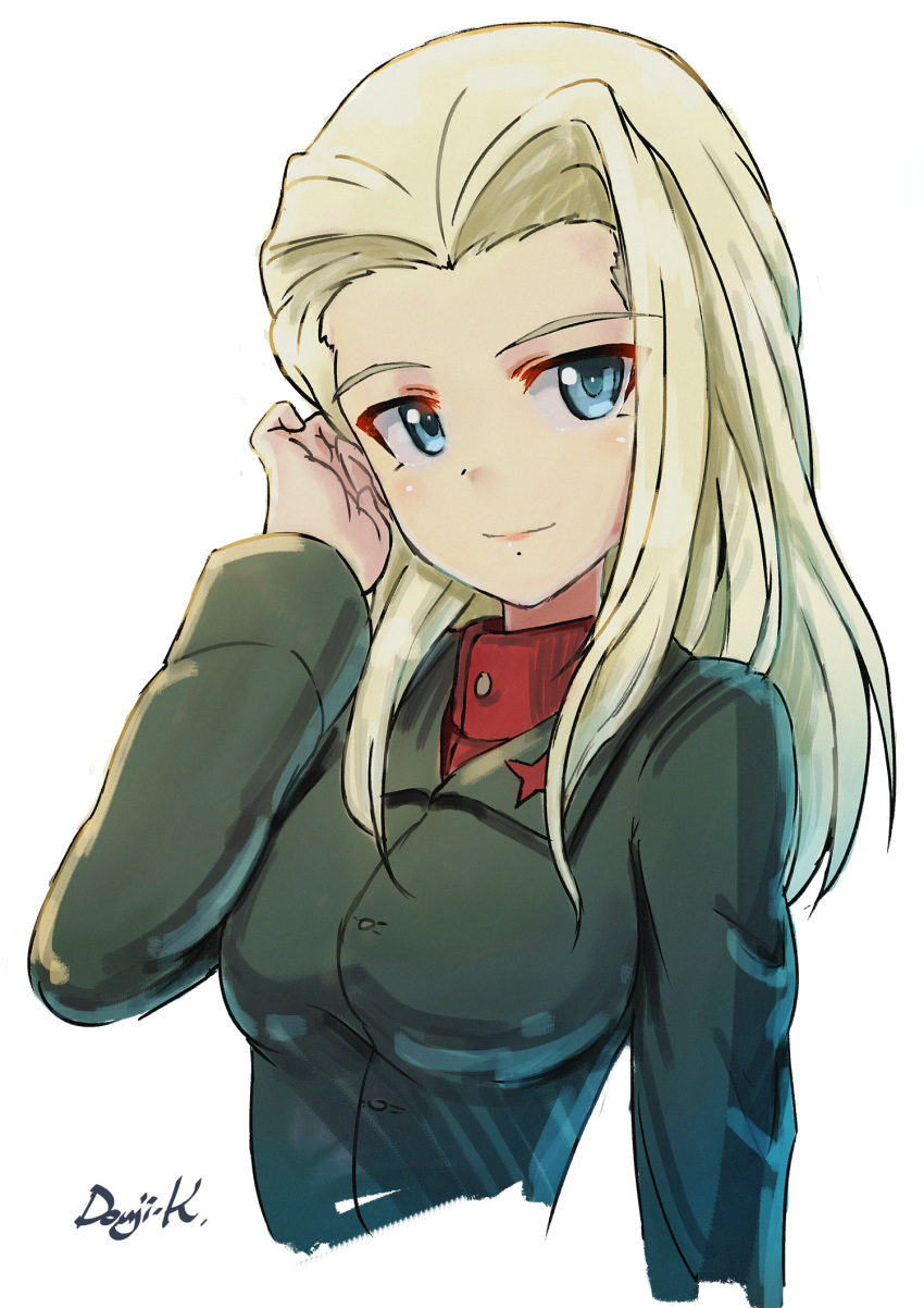 1girl artist_name blonde_hair blue_eyes clara_(girls_und_panzer) closed_mouth commentary cropped_torso girls_und_panzer green_jacket hand_in_hair highres inatomi_hibiki insignia jacket kuroneko_douji long_hair long_sleeves looking_at_viewer pravda_school_uniform red_shirt school_uniform shirt signature simple_background sketch smile solo turtleneck white_background