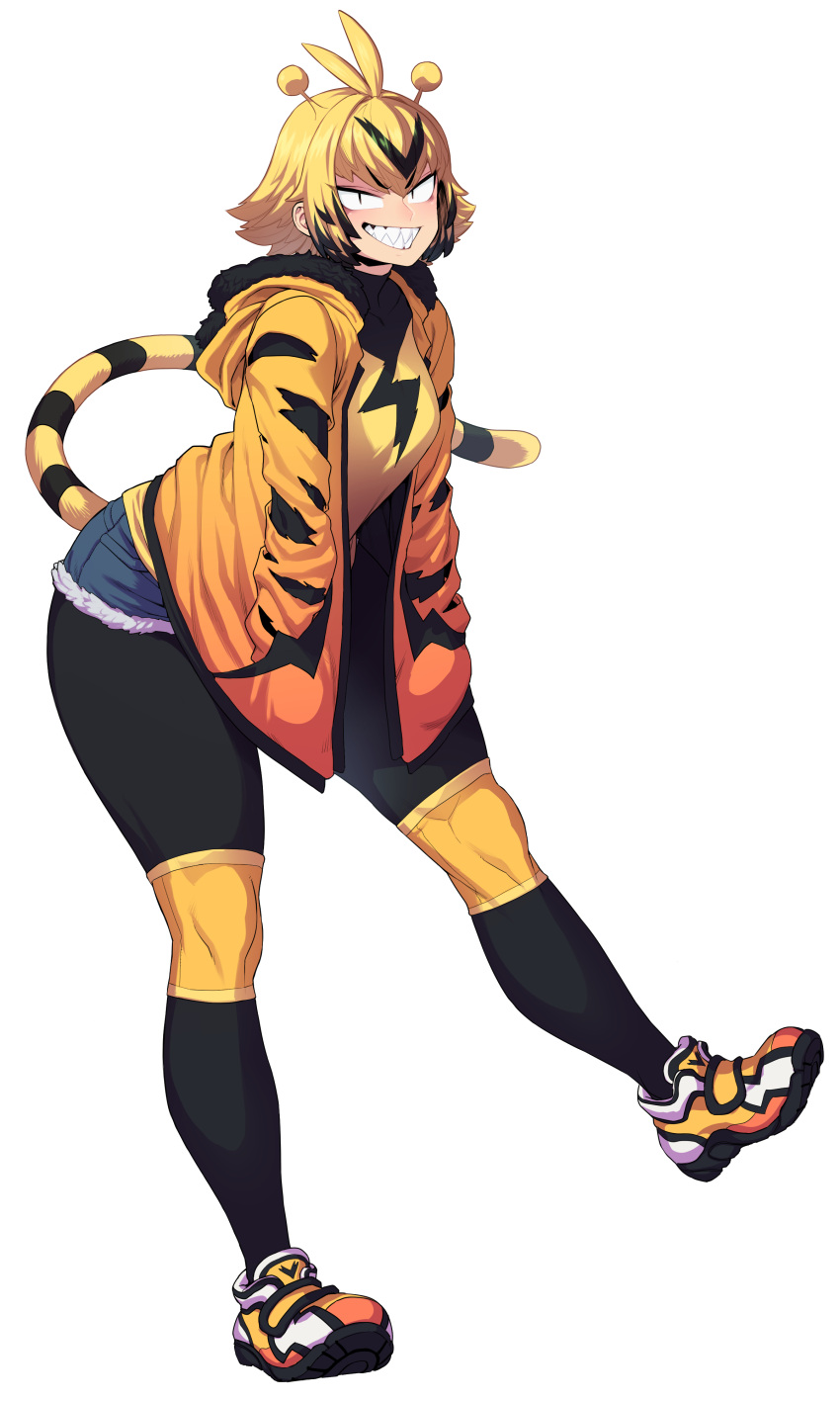 1girl absurdres antennae black_hair blonde_hair breasts electabuzz evil_grin evil_smile full_body fur-trimmed_jacket fur_trim grin highres jacket leaning_forward legwear_under_shorts medium_breasts micro_shorts multicolored_hair orange_jacket personification pokemon sharp_teeth shoes shorts smile sneakers solo spacezin streaked_hair striped_tail tail teeth two-tone_hair