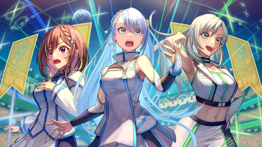 3girls :d banner blue_eyes breasts bridal_gauntlets brown_hair cowboy_shot d: doumyouji_cocoa earrings green_eyes hair_between_eyes hair_ornament hand_in_hair hologram jewelry large_breasts long_hair medium_hair midriff multiple_girls nagihara_suzuna pink_eyes planet pleated_skirt riot_music sakumichi skirt sleeveless smile sumeragi_miona teeth upper_teeth virtual_youtuber