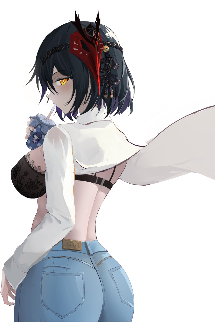 1girl absurdres alternate_costume ass back baige0 black_bra black_hair blue_pants blush bra breasts chinese_commentary clothes_lift contemporary cowboy_shot cup curvy denim drink drinking drinking_straw eyebrows_visible_through_hair floating_clothes from_side genshin_impact hair_between_eyes highres holding holding_cup jeans jitome kujou_sara lace-trimmed_bra lace_trim large_breasts long_sleeves looking_at_viewer mask mask_on_head orange_eyes pants profile raiden_shogun shirt shirt_lift short_hair simple_background solo tengu_mask tight tight_pants underwear white_background white_shirt