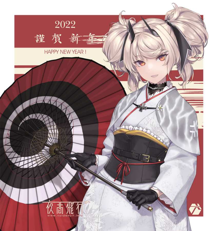 ! 1girl 2022 ash_arms commentary_request cross dated double_bun eyebrows_visible_through_hair floral_print fw190_(ash_arms) gloves grey_hair happy_new_year highres holding holding_umbrella iron_cross japanese_clothes kimono long_sleeves looking_at_viewer new_year parted_lips rokuwata_tomoe smile solo teeth umbrella web_address