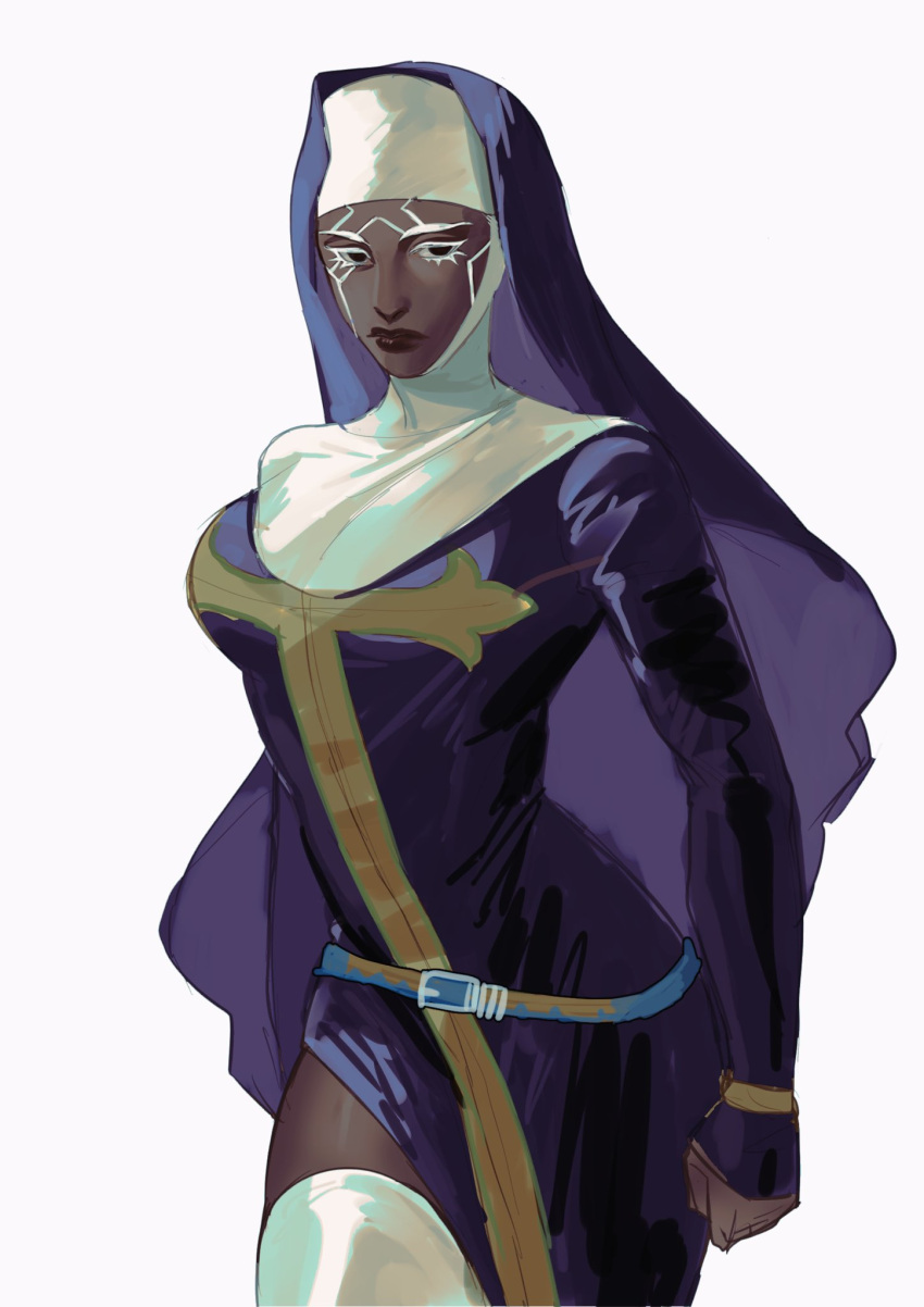 1girl breasts cao_hong_anh colored_eyelashes dark-skinned_female dark_skin enrico_pucci genderswap genderswap_(mtf) habit highres jojo_no_kimyou_na_bouken nun side_slit solo thigh-highs white_hair white_legwear