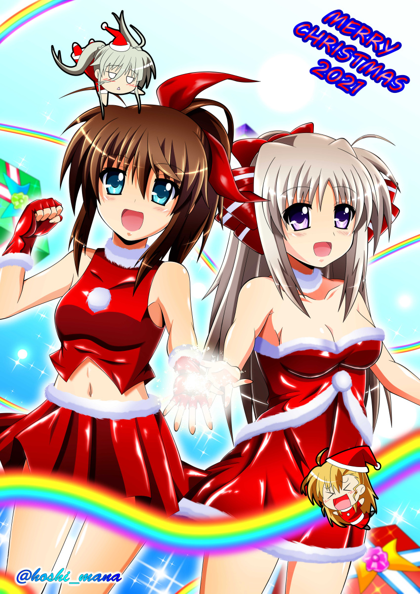 &gt;_&lt; 2021 4girls :d absurdres aqua_eyes bangs bare_shoulders blonde_hair bow breasts brown_hair chibi christmas clenched_hand commentary_request dress dutch_angle einhart_stratos english_text fingerless_gloves floating fur-trimmed_dress fur-trimmed_shirt fur-trimmed_skirt fur_collar fur_trim fuuka_reventon gift gloves green_hair grey_hair hat highres jitome long_hair looking_at_viewer lyrical_nanoha mahou_shoujo_lyrical_nanoha medium_breasts medium_hair merry_christmas midriff minigirl miniskirt multiple_girls navel open_mouth partial_commentary pleated_skirt rainbow rappasan05 red_bow red_gloves red_headwear red_shirt rinne_berlinetta santa_costume santa_dress santa_gloves santa_hat shirt short_dress side-by-side sidelocks skirt smile sparkle standing strapless strapless_dress twintails twitter_username violet_eyes vivid_strike! vivio