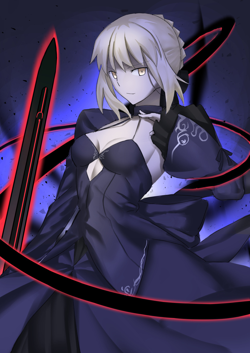 1girl absurdres artoria_pendragon_(fate) bangs black_dress black_ribbon blonde_hair braid closed_mouth commentary_request dark_excalibur dress excalibur_morgan_(fate) fate/grand_order fate/stay_night fate_(series) french_braid from_below gothic_lolita hair_bun highres holding holding_sword holding_weapon juliet_sleeves lolita_fashion long_sleeves looking_at_viewer puffy_sleeves ribbon saber_alter sidelocks sword tnr_(qebgapt) weapon yellow_eyes